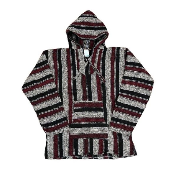 NWOT La Malinche Capucha Authentic Artisanias Poncho Burgundy Black L - Picture 1 of 7
